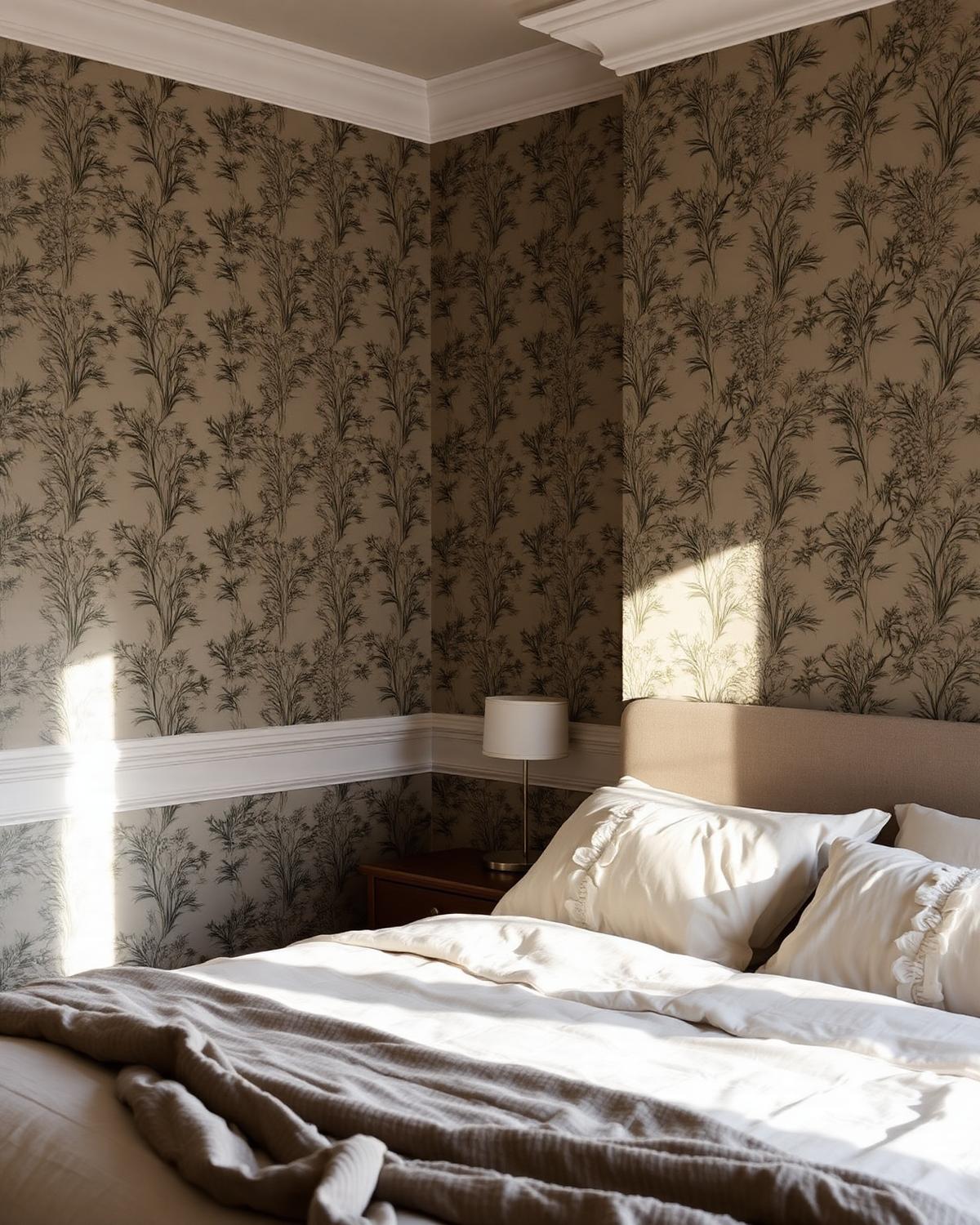Sovrum med tapet i Ribersborg, Malmö – Botanisk Mörk Non-woven tapet